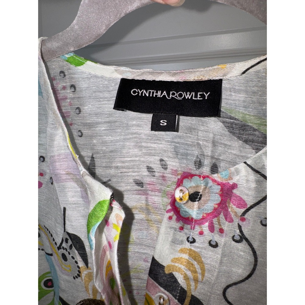 Cynthia Rowley Love Locket Linen Silk Puff Sleeve Blouse Gold Foil Ivory Small - Picture 10 of 13